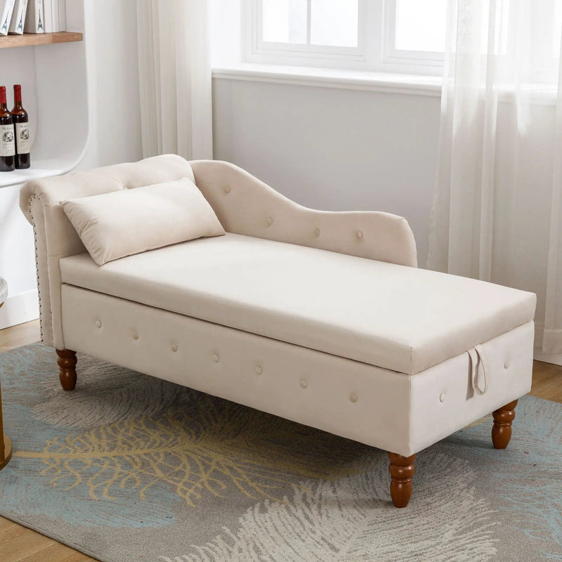 Chaise Lounge Indoor, Lounge Chair For Bedroom With Storage & Pillow, Modern Upholstered Rolled Arm Chase Lounge For Sleeping With Nailhead Trim For Living Room Bedroom Office by HouseOfZazla