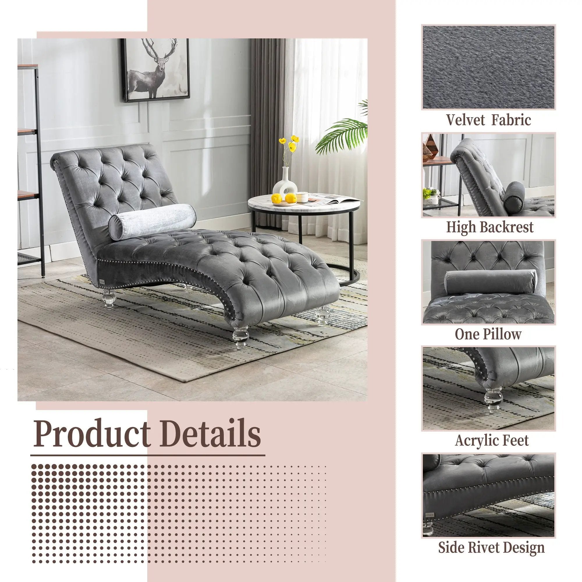 Chaise Lounge Indoor, Button Tufted Upholstered Chaise Lounge Chair With Pillow by Unique Piece Furniture
