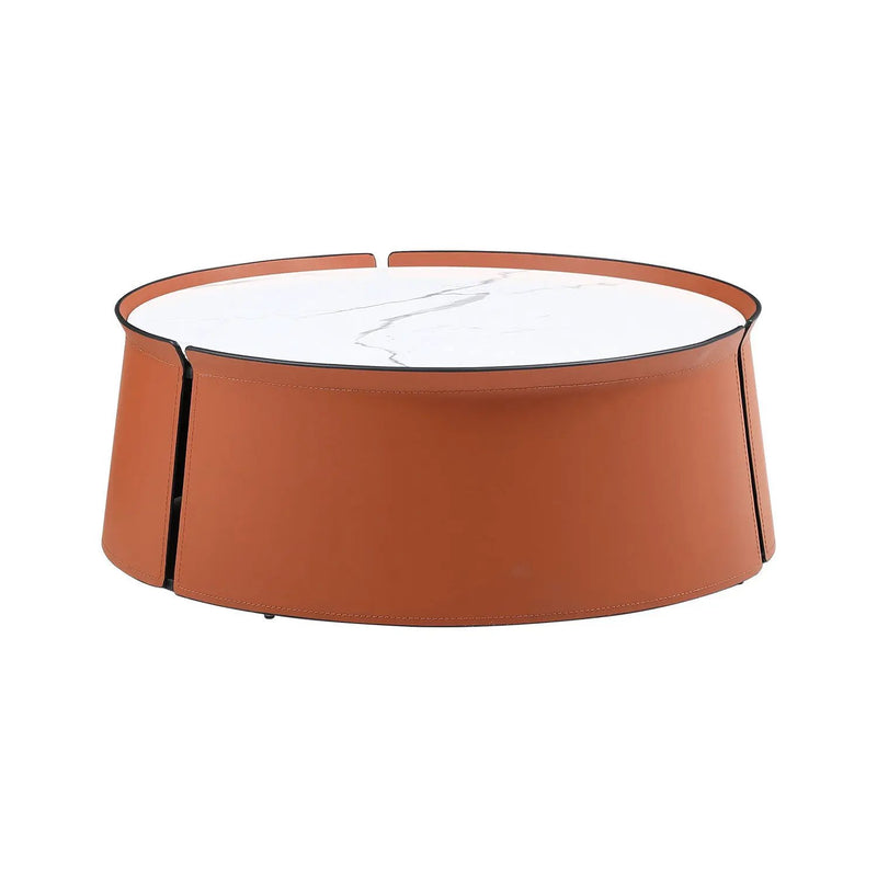 31.5" Coffee Table, Marble Top and Orange Saddle Leather Body by BLAKHOM
