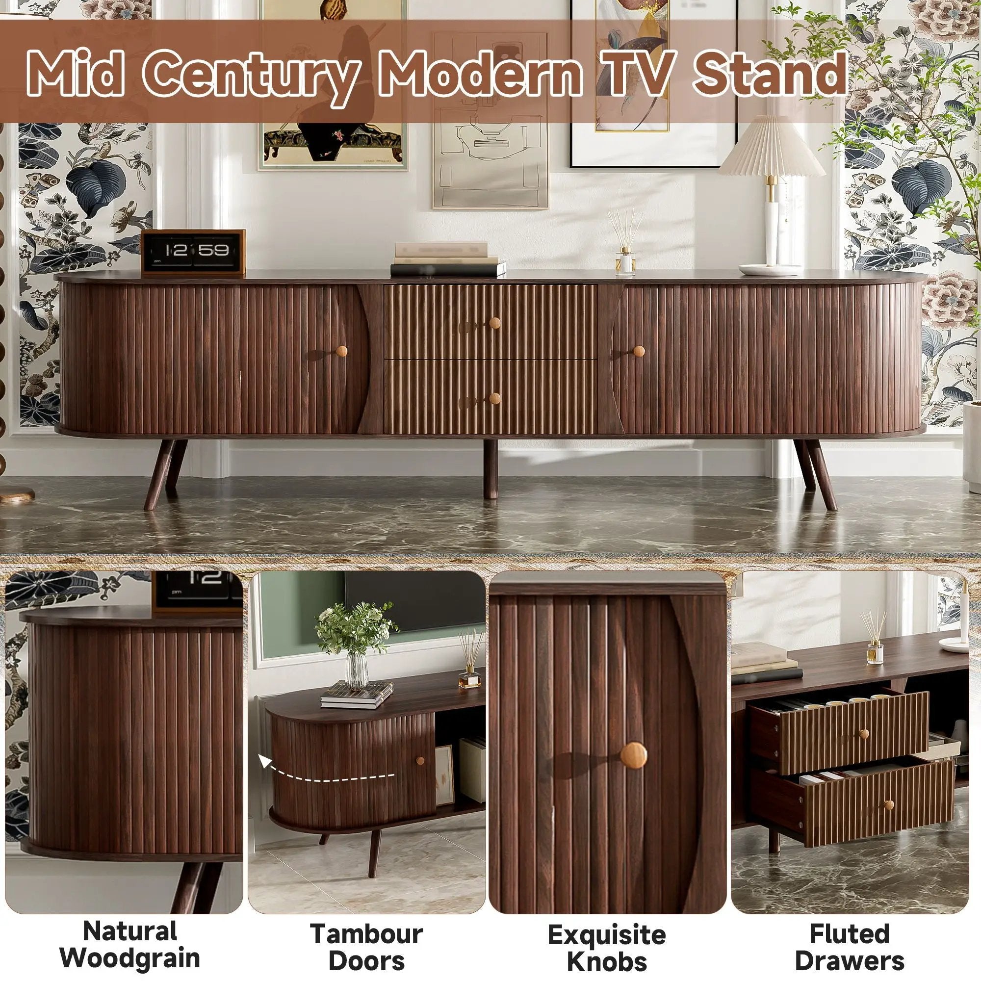 70" TV Stand With Tambour Doors And Fluted Drawers - Dark Brown by HouseOfZazla