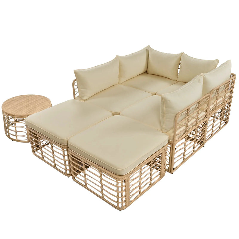 7 Pieces Outdoor Patio Furniture, All-Weather Rattan Sectional Sofa Set with Thick Cushions and Pillows, Freely Combined Conversation Sets for Garden, Backyard, Balcony, Brown by HouseOfZazla