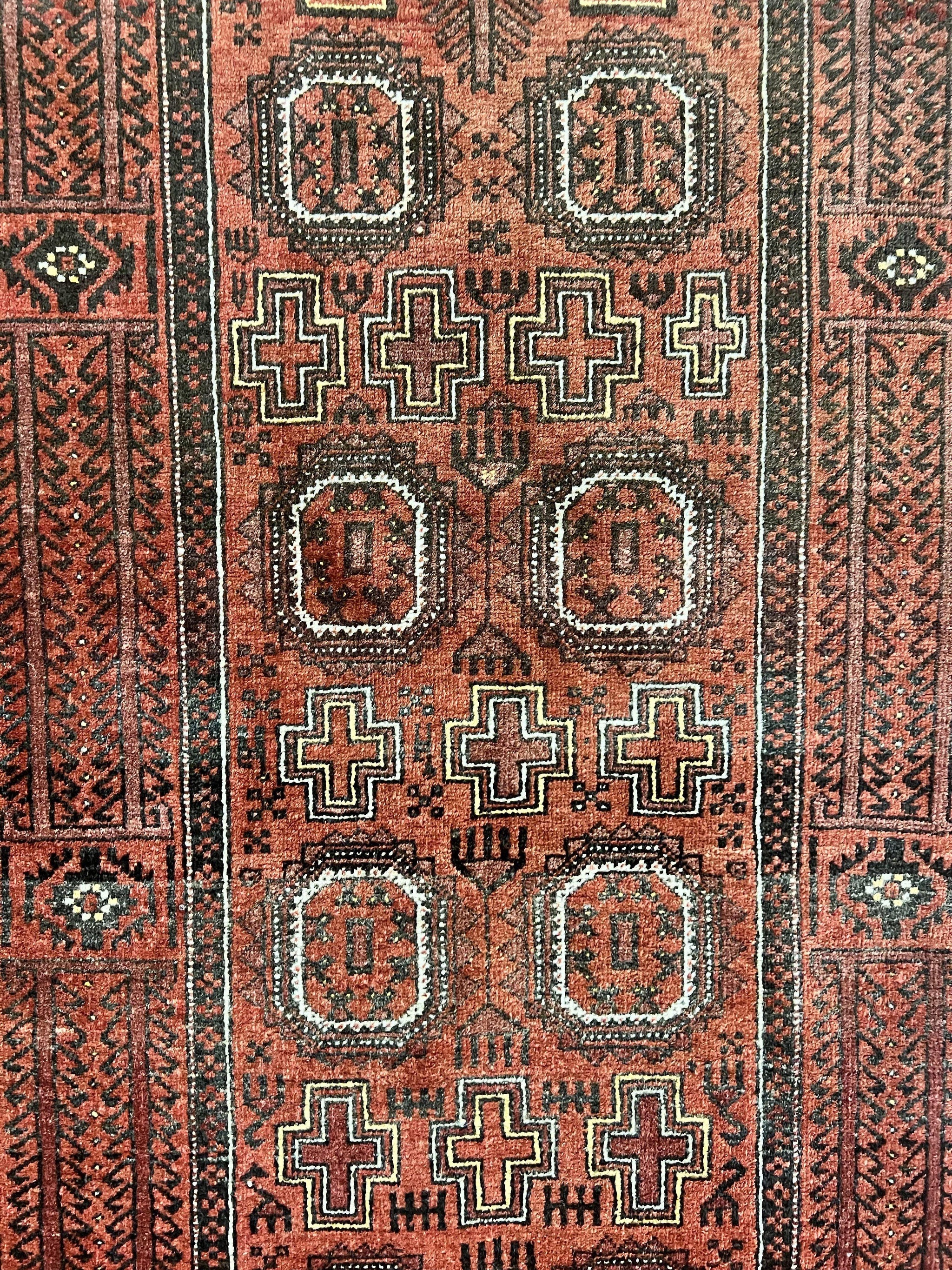 Antique Persian Turkoman Rug 3x6, Wool Tribal Handmade Carpet, Red and Black by Jewel Rugs