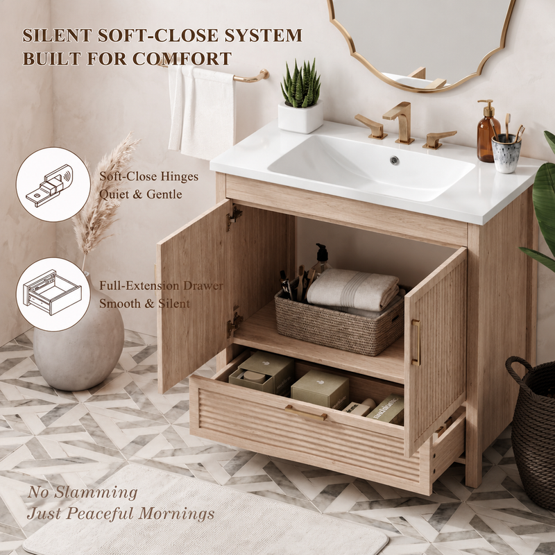 36 Inch Bathroom Vanity with Wave Fluted Panels and Resin Sink - Light Oak, photo 5 of 6
