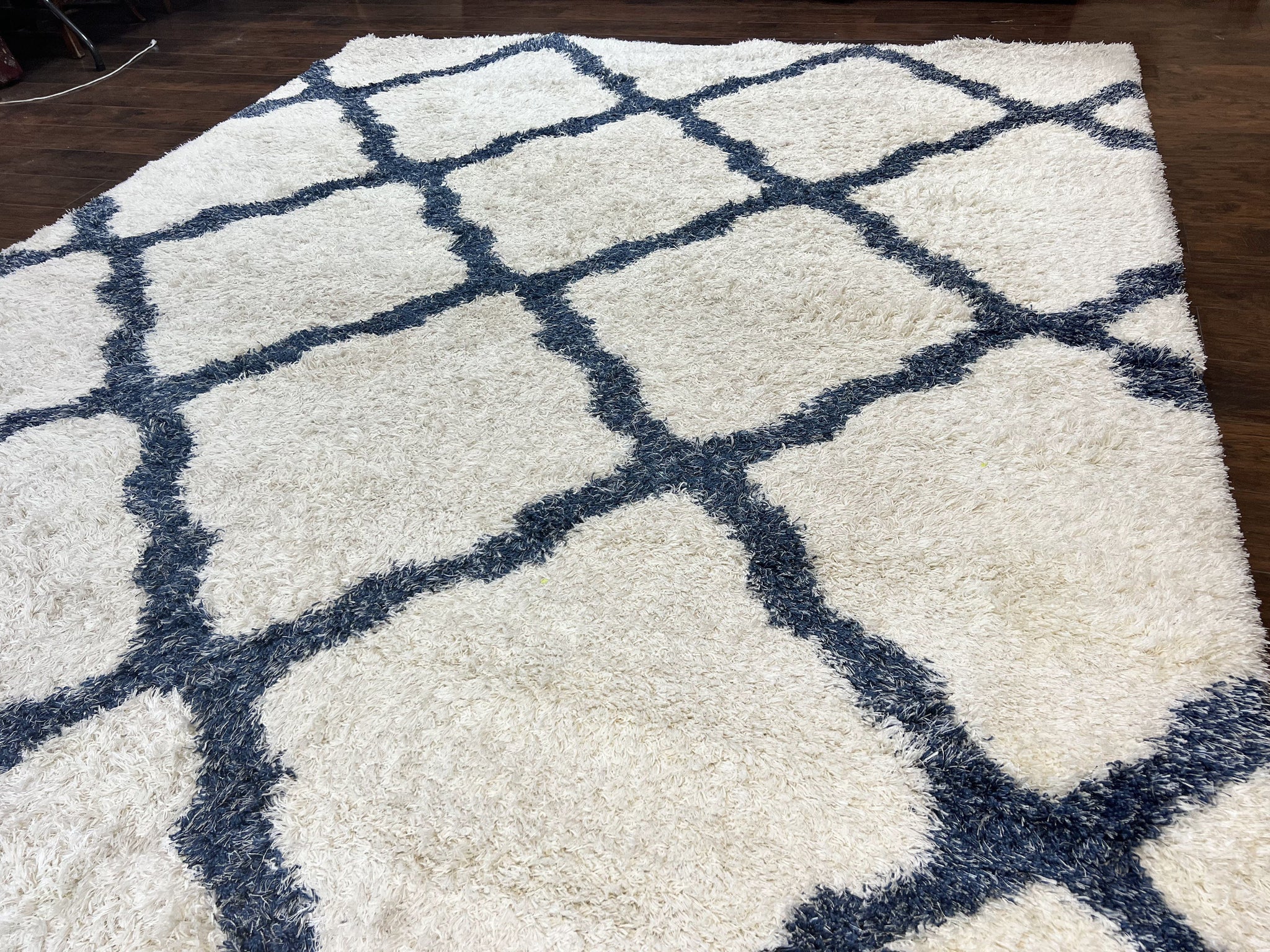 Modern Shag Rug 9x12, Ivory and Dark Blue, Diamond Pattern, Soft, Room Sized, Contemporary Rug, Plush by Jewel Rugs