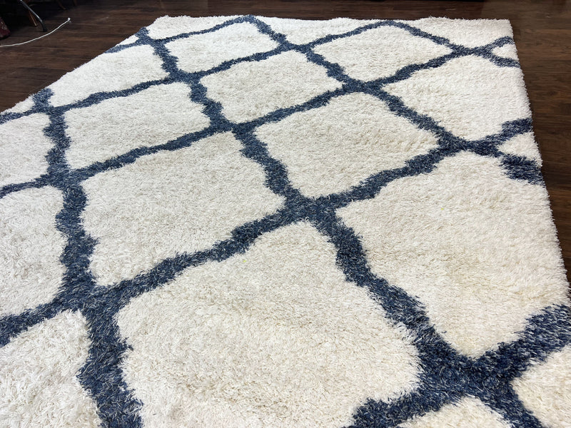 Modern Shag Rug 9x12, Ivory and Dark Blue, Diamond Pattern, Soft, Room Sized, Contemporary Rug, Plush by Jewel Rugs