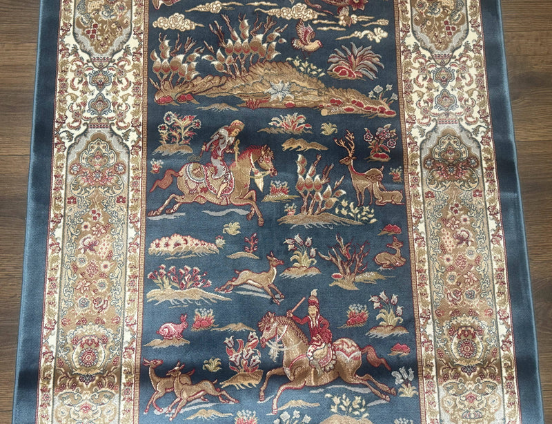 Turkish Silk Hunting Scene Rug 2.6 x 5, Dark Steel Blue & Ivory, Bamboo Silk, New by Jewel Rugs