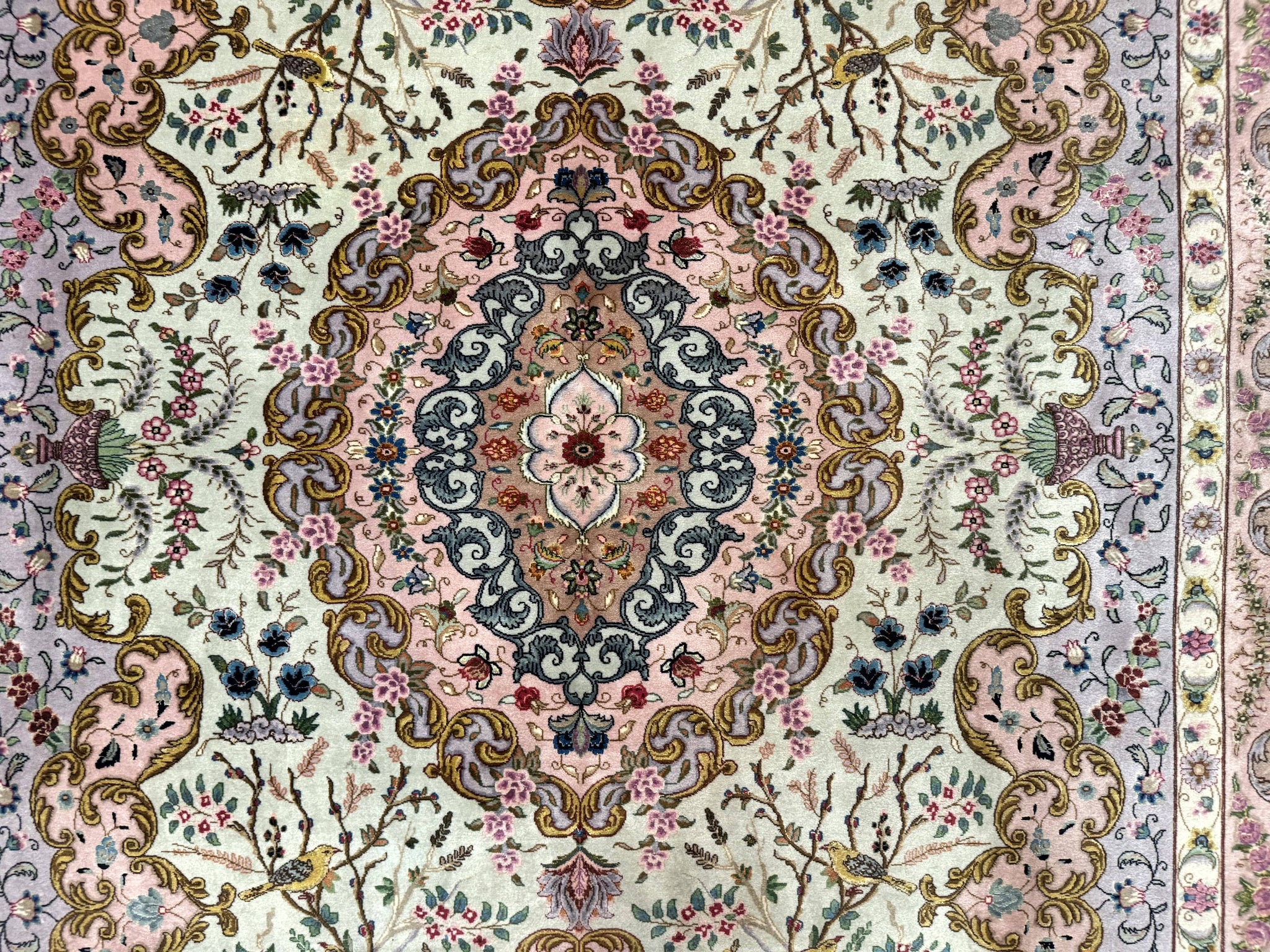 Wonderful Persian Tabriz Rug 7x10, Very Fine 330 KPSI, Light Green Light Blue Pink, Kork Wool Silk Foundation, Bird Pictorials by Jewel Rugs