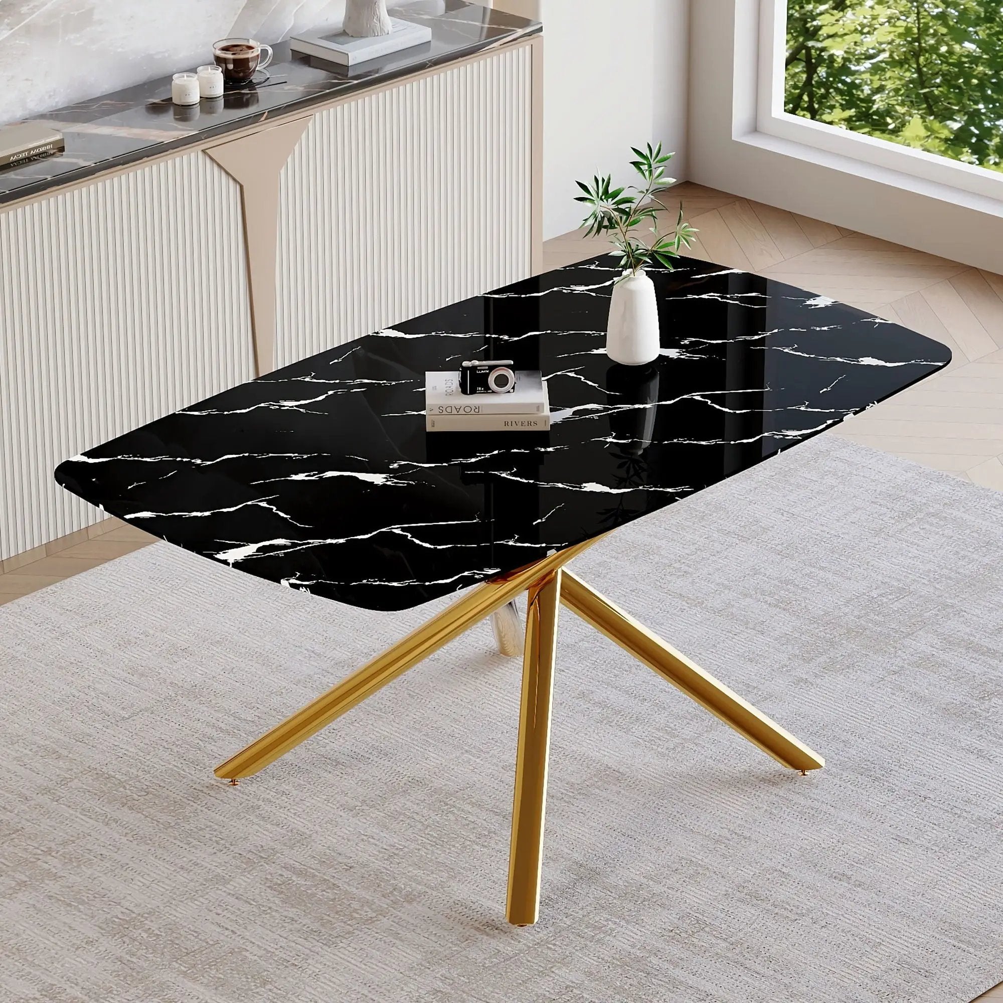 Luxurious Marble Patterned Dining Table With Metal Fork Legs by Unique Piece Furniture