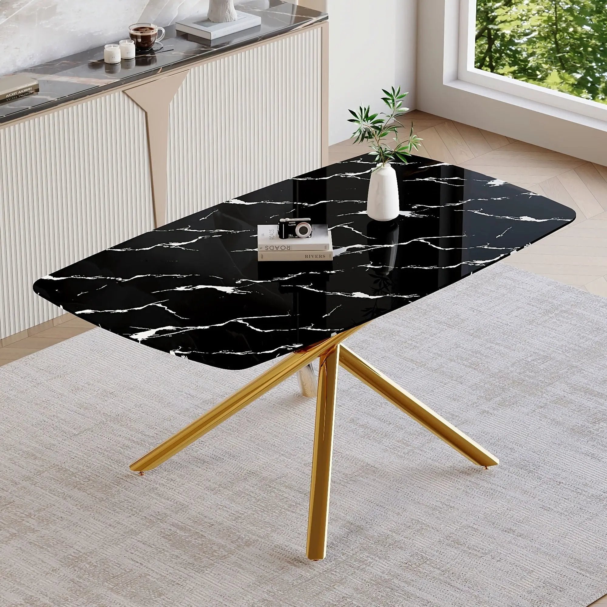 Luxurious Marble Patterned Dining Table With Metal Fork Legs by Unique Piece Furniture