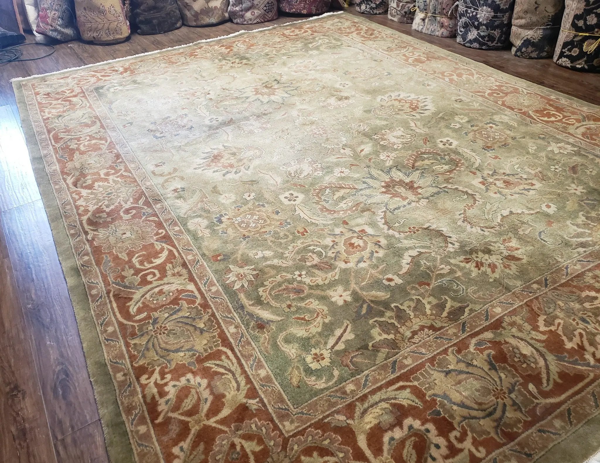 Green Indo Mahal Area Rug 9x12, Wool Hand-Knotted Carpet by Jewel Rugs