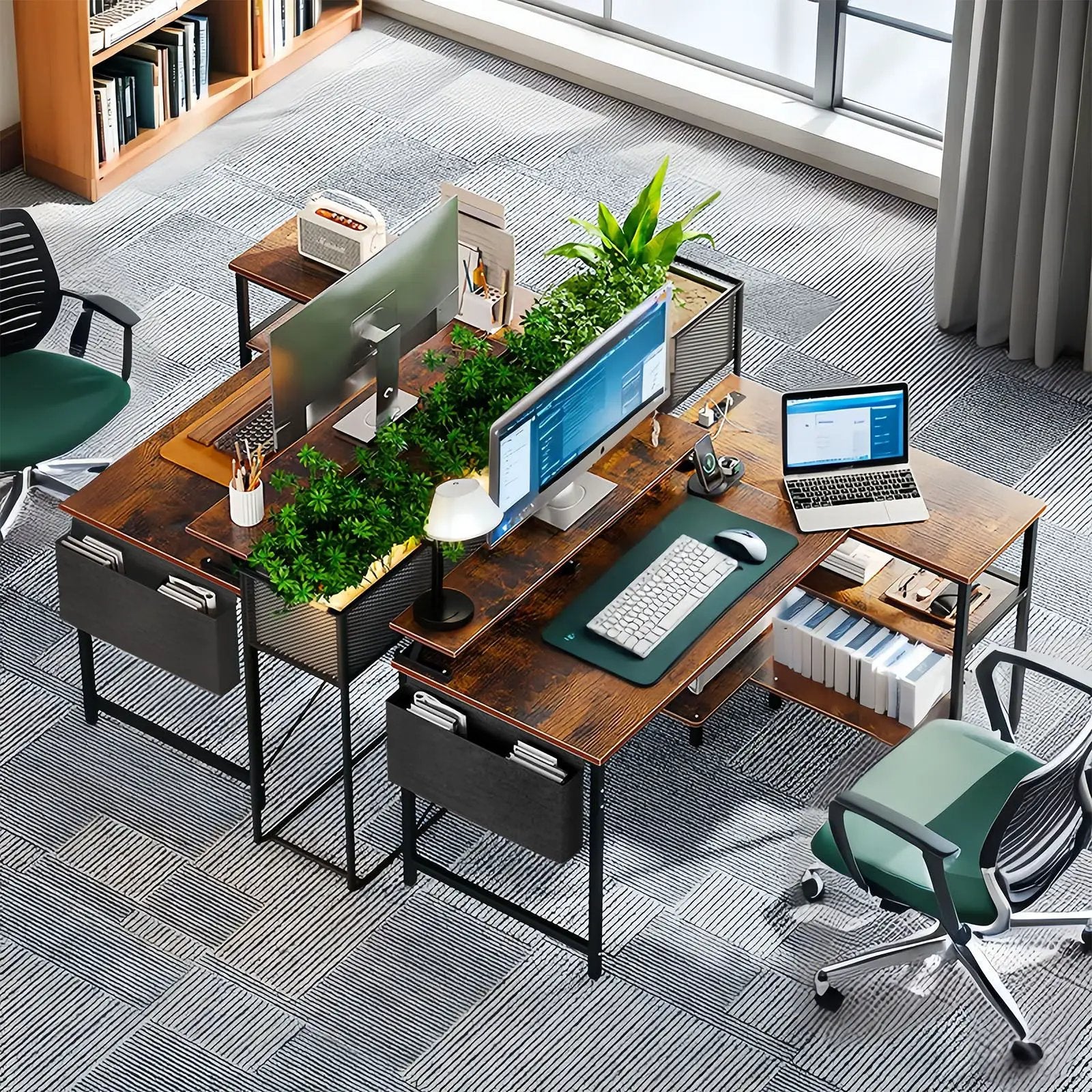 L-Shaped Gaming Desk With Power Outlets, Monitor Stand & Storage Shelves, Reversible Corner Workstation - Black / Brown by Unique Piece Furniture