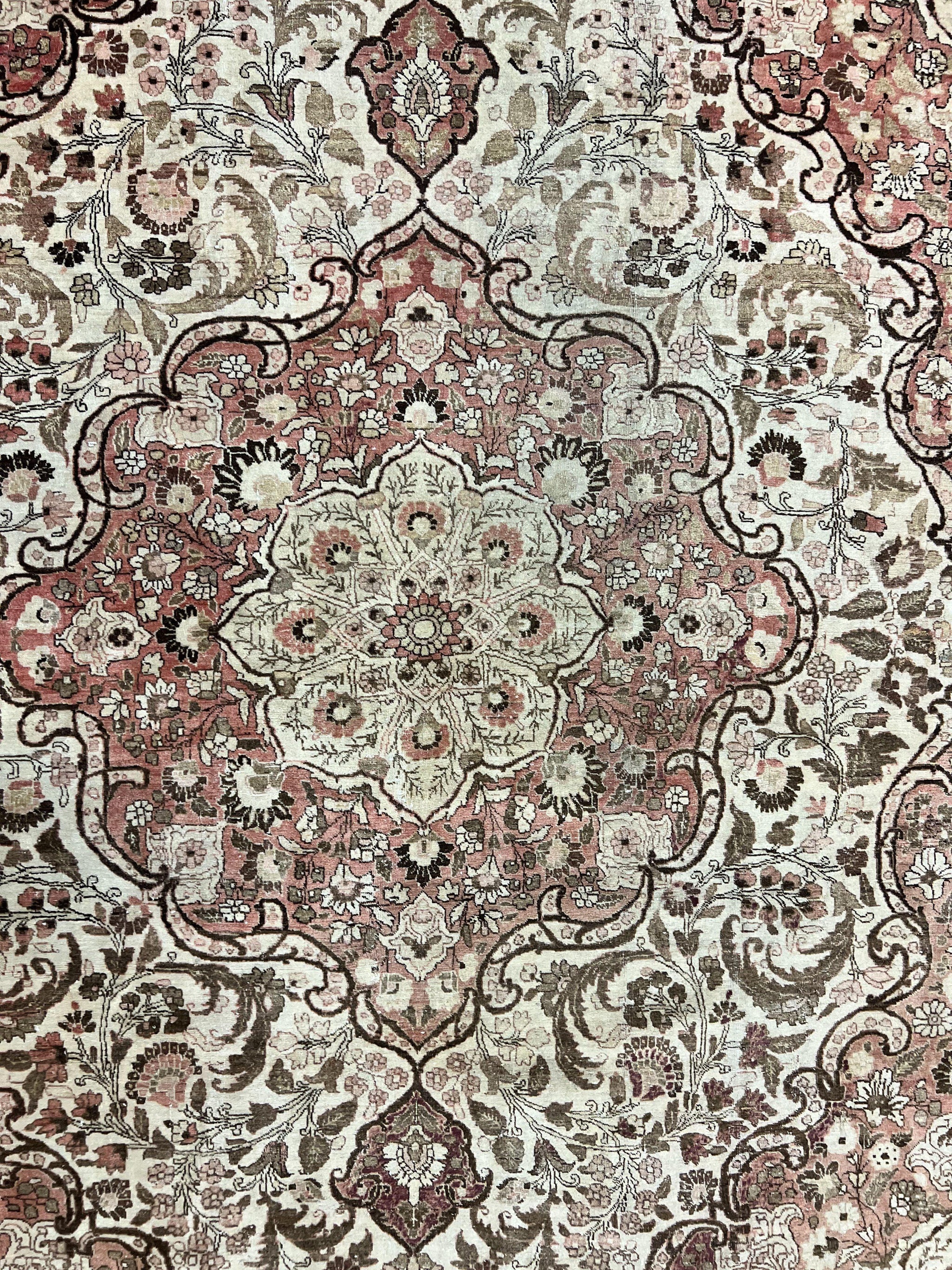 Antique Persian Tabriz Rug 10x12, Wool Hand Knotted Oriental Carpet, Beige Light Red, Floral Medallion by Jewel Rugs