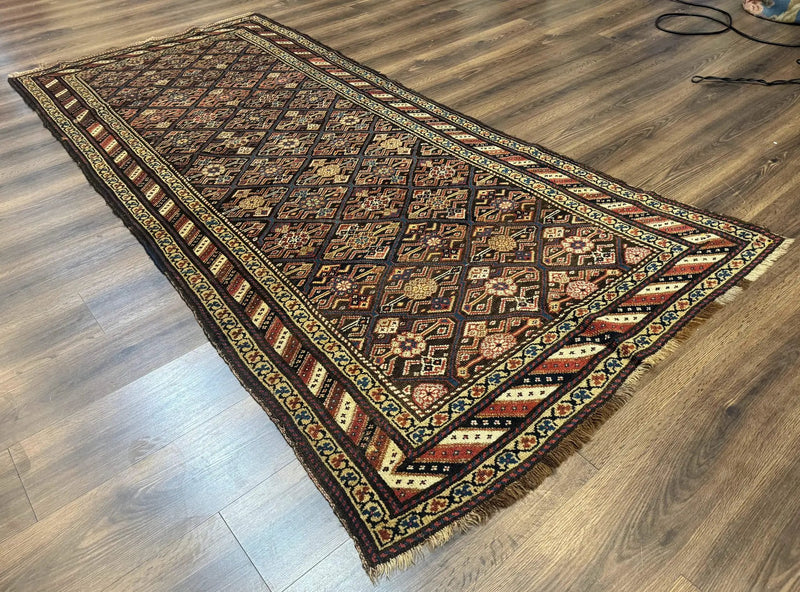 Antique Persian Wide Runner Rug 4x9, Kurdish Rug, Panel Design, Rainbow Border, Rare Tribal Rug by Jewel Rugs