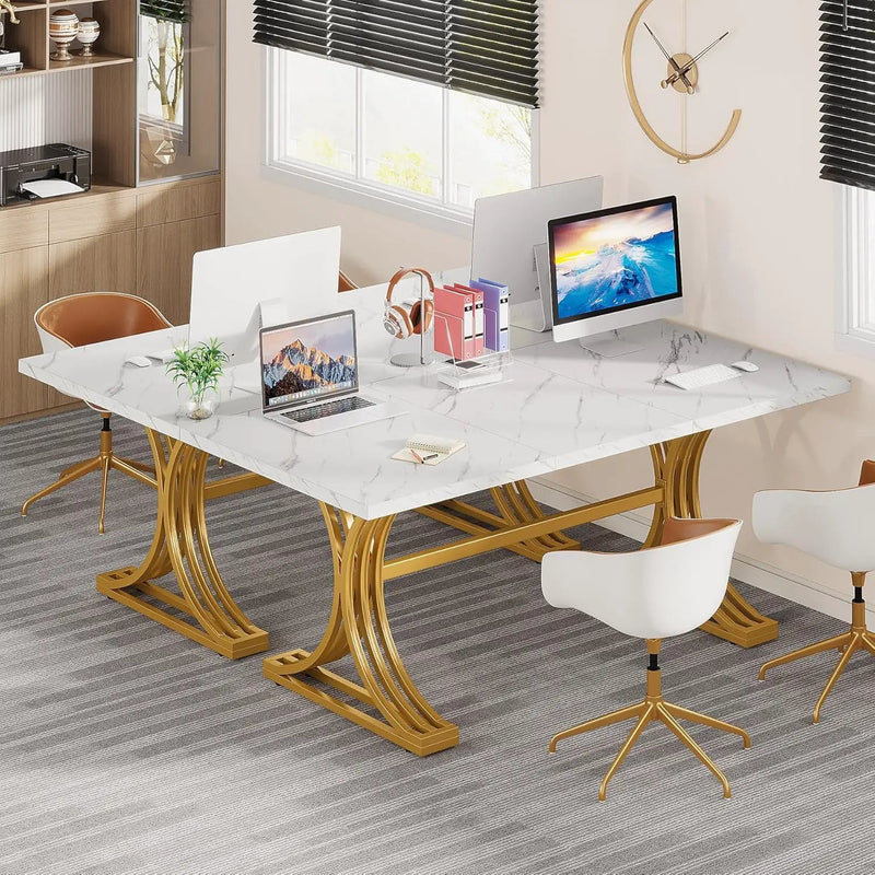 Executive Desk With X-Legs, Sturdy Office Workstation For Home Office - White / Gold by HouseOfZazla