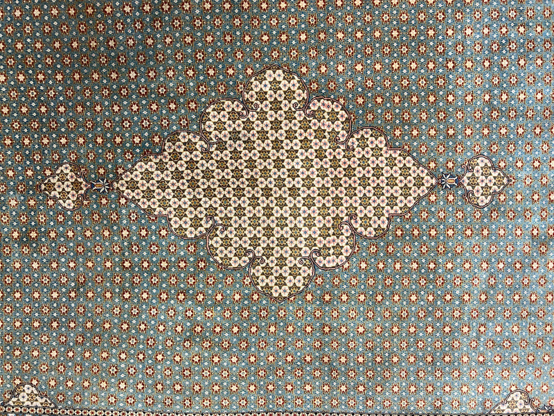 Rare Persian Rug 8x12, Qum Rug, Repeated Star Motifs, Blue and Ivory, Fine 300 KPSI, Hand Knotted Handmade Vintage Wool Rug by Jewel Rugs