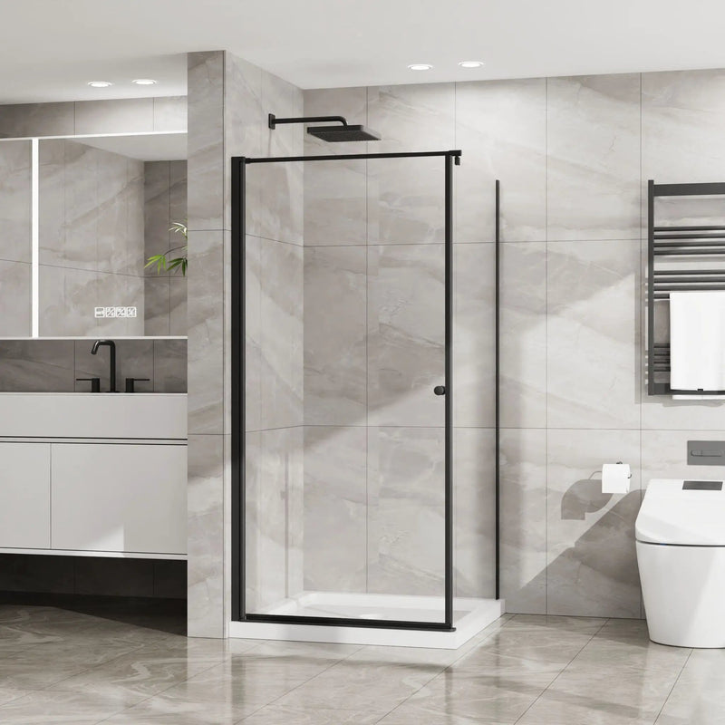 Corner Shower Enclosure, Frameless Pivot Door - Matte Black by HouseOfZazla
