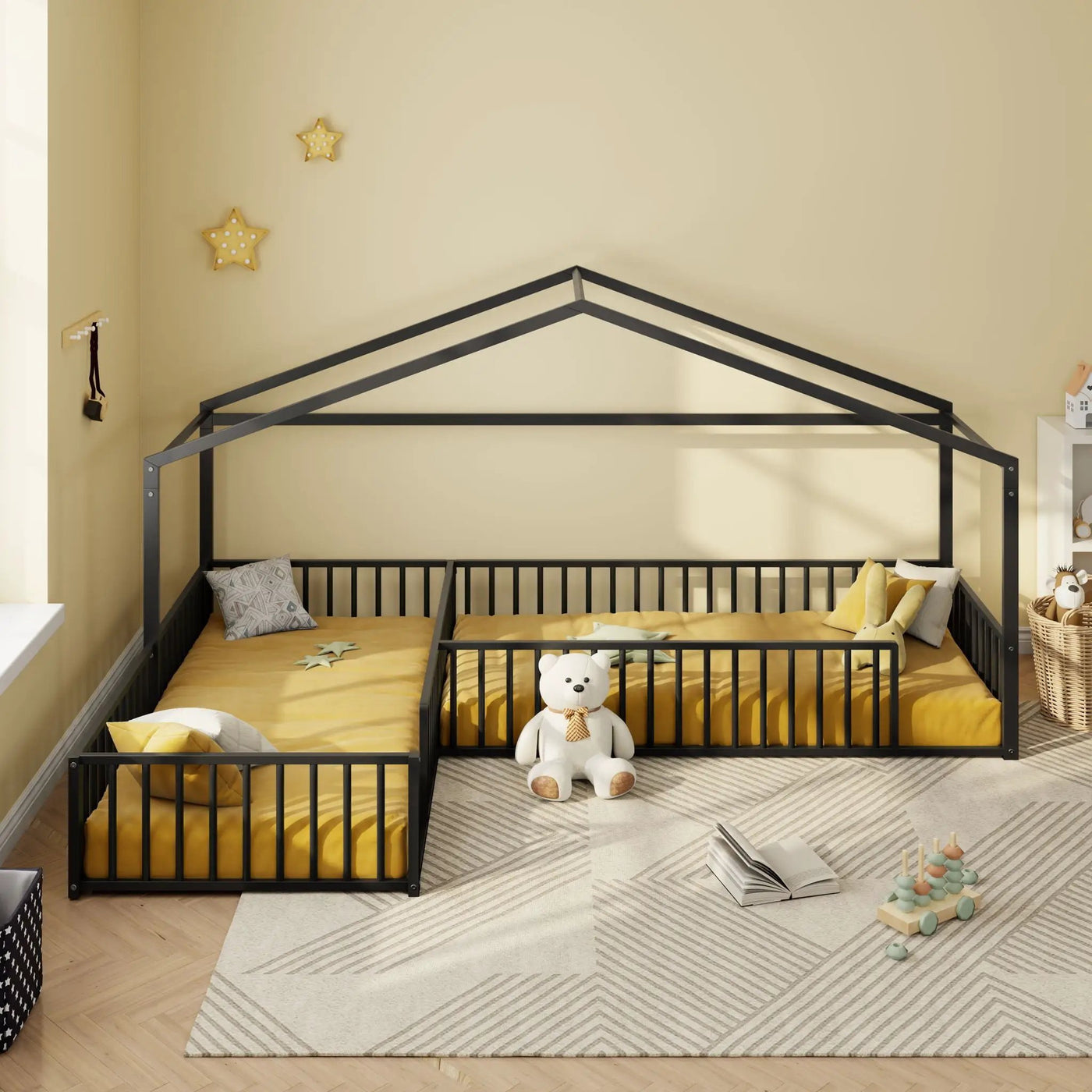 L-Shaped Montessori Bed For 2 Kids With Partitioned Fence by HouseOfZazla