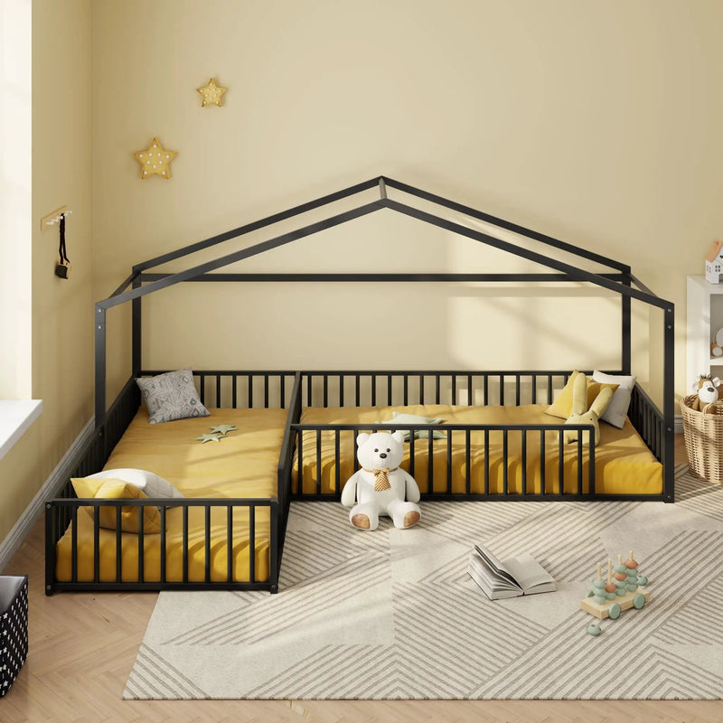 L-Shaped Montessori Bed For 2 Kids With Partitioned Fence by HouseOfZazla