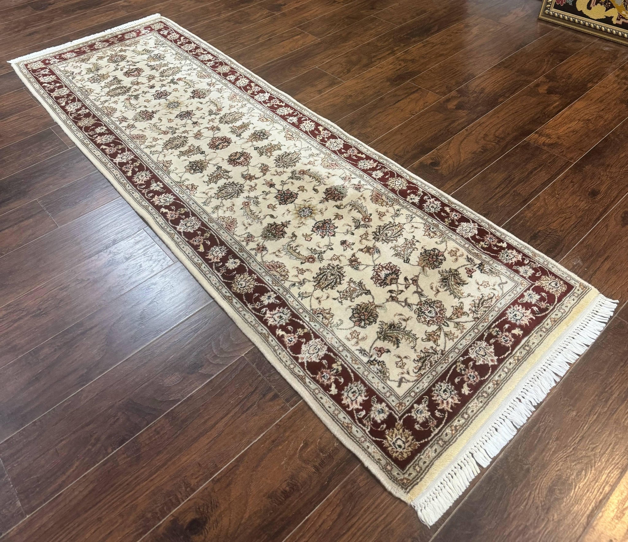 Pak Persian Runner Rug 2.8 x 8, Handmade Vintage Carpet, Beige and Maroon, Wool and Silk Highlights by Jewel Rugs