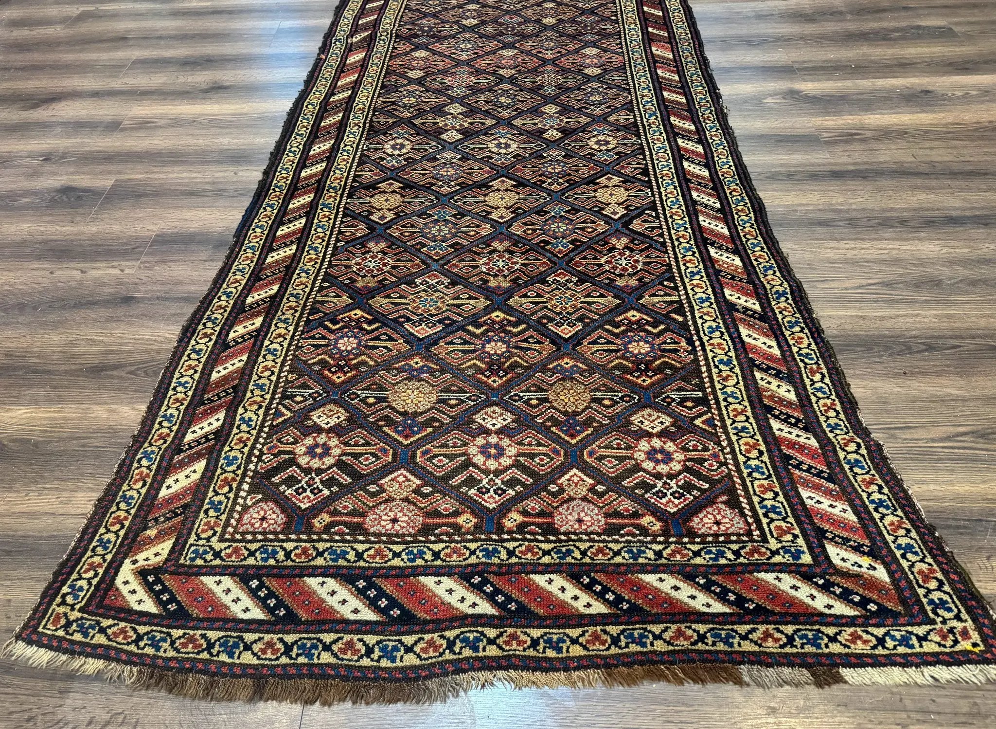 Antique Persian Wide Runner Rug 4x9, Kurdish Rug, Panel Design, Rainbow Border, Rare Tribal Rug by Jewel Rugs