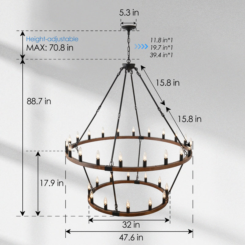 Large Solid Wood Wagon Wheel Chandelier, 2-Tier 32-Lights by HouseOfZazla