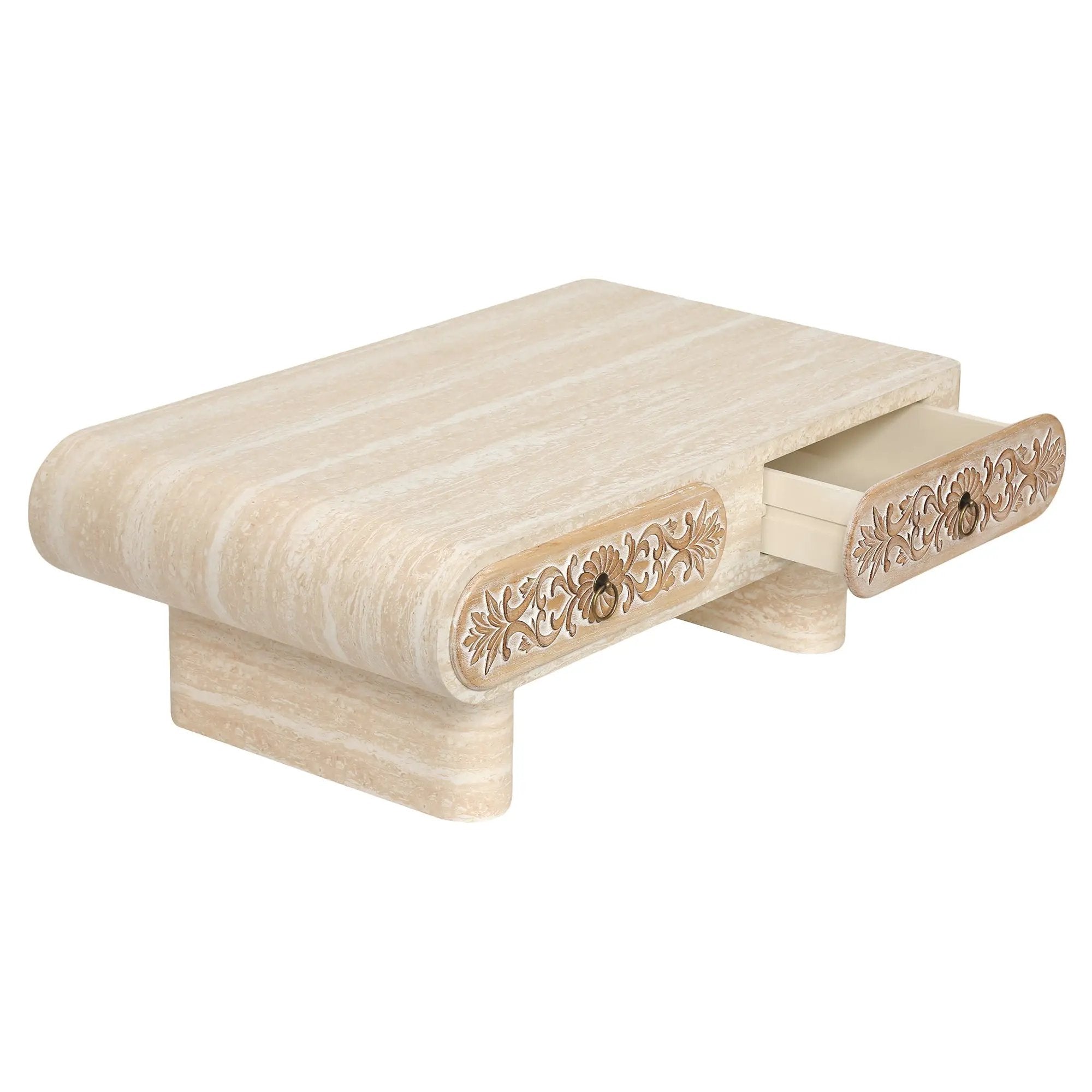 Rounded Edge Coffee Table with Flower Pattern Solid Wood Drawer by HouseOfZazla