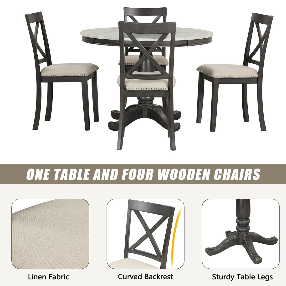 Solid Wood 5 Piece Dining Room Set with Table and 4 Chairs - White or Dark Gray, photo 39 of 40
