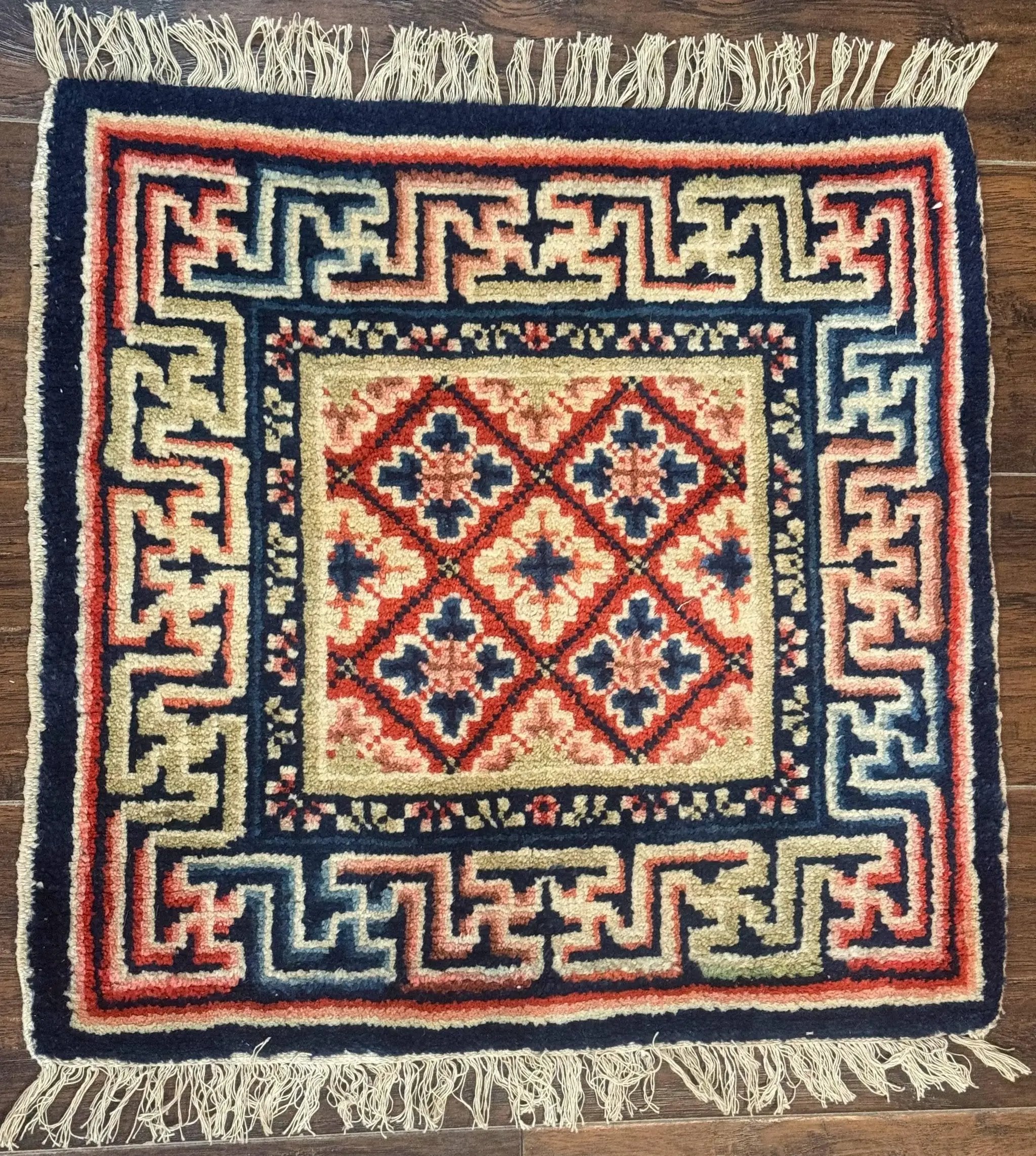 Small Antique Chinese Rug 2x2, Red Blue Square Rug Mat, Handmade, Tibetan Rug by Jewel Rugs