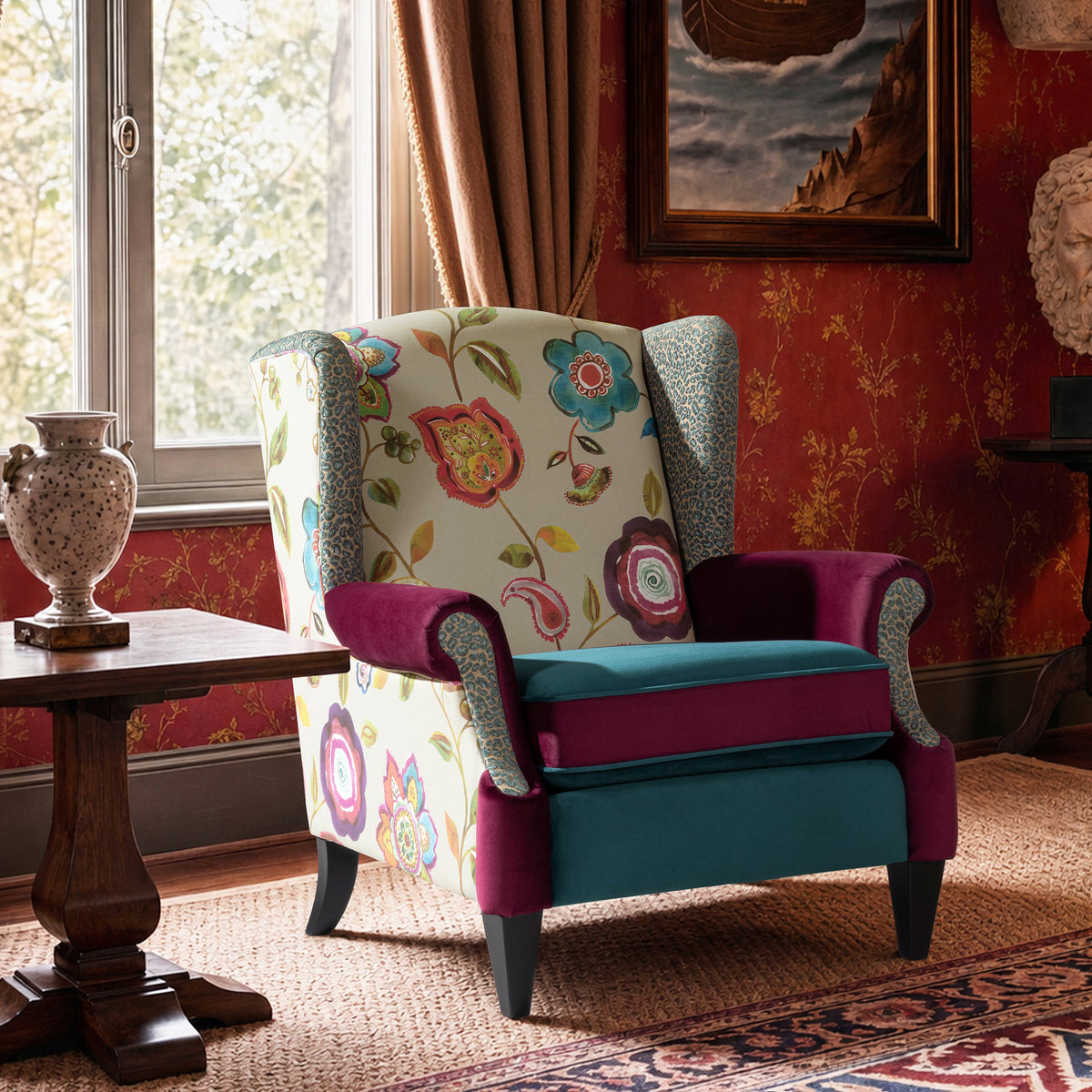 Anya Boho Chic Wingback Accent Arm Chair with Floral Print - Blue or Teal Multi