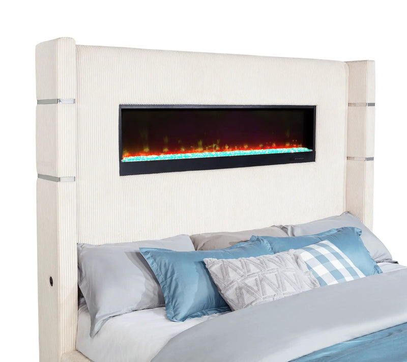 Tisdall Upholstered Eastern King Flame Visualizer Bed Cream by Unique Piece Furniture