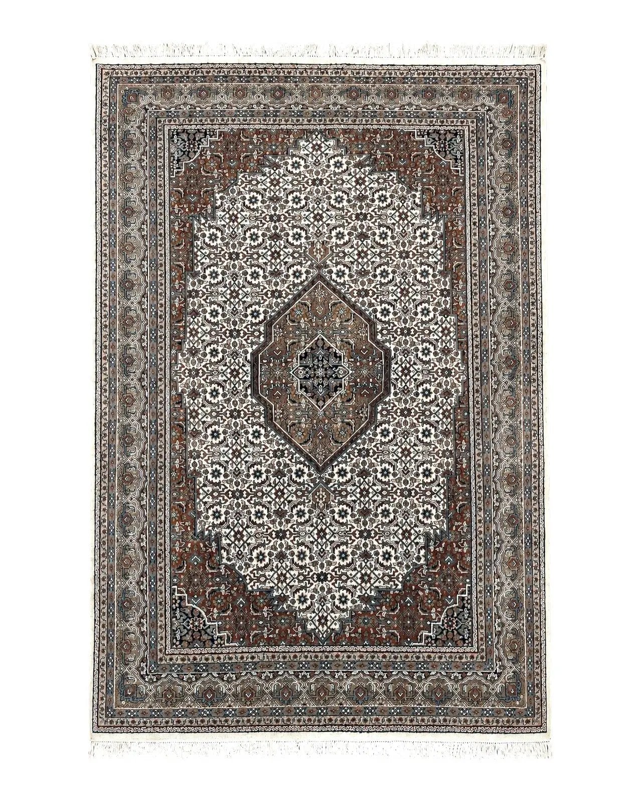 Indo Persian Rug 7x10 ft, Hand Knotted Wool Vintage Oriental Carpet 7 x 10, Traditional Handmade Herati Bidjar Cream Rug, Medallion Rug by Jewel Rugs