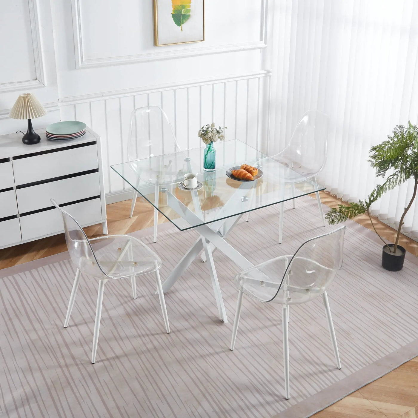 Dining Table With Cross Metal Leg And Tempered Glass, Modern Space Saving Kitchen Table For Living Room Legs, Square Table by Unique Piece Furniture