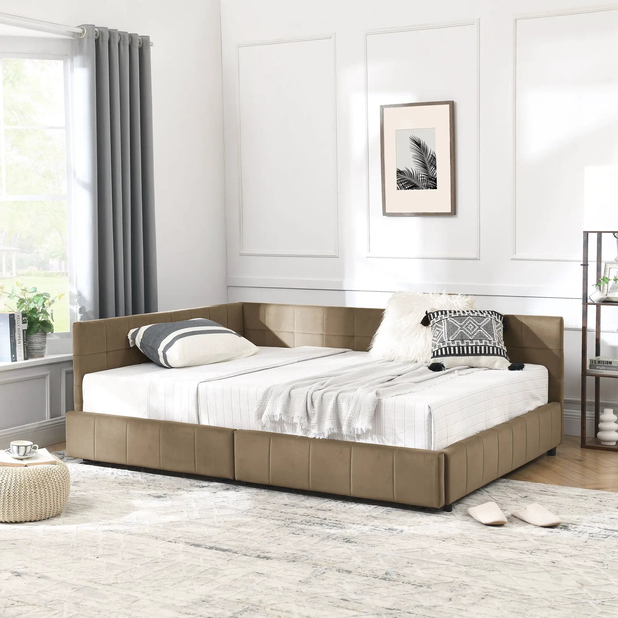 Mid-Century Storage Upholstered Tufted Bed Frame With Backrest And Armrests by Unique Piece Furniture