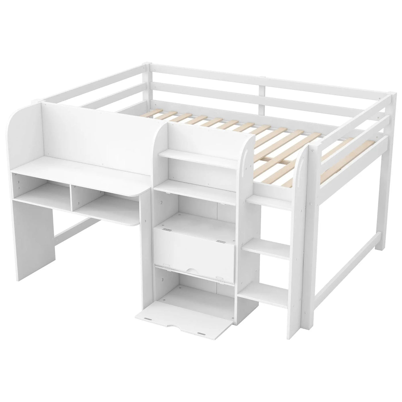 Low Loft Bed With Built In Desk, Storage Cabinets, Open Bookcase And Doodle board by HouseOfZazla