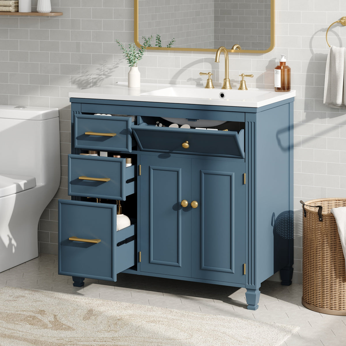 36" Bathroom Vanity with Ceramic Sink and Ample Storage - Blue Gray, Black, White, photo 8 of 10