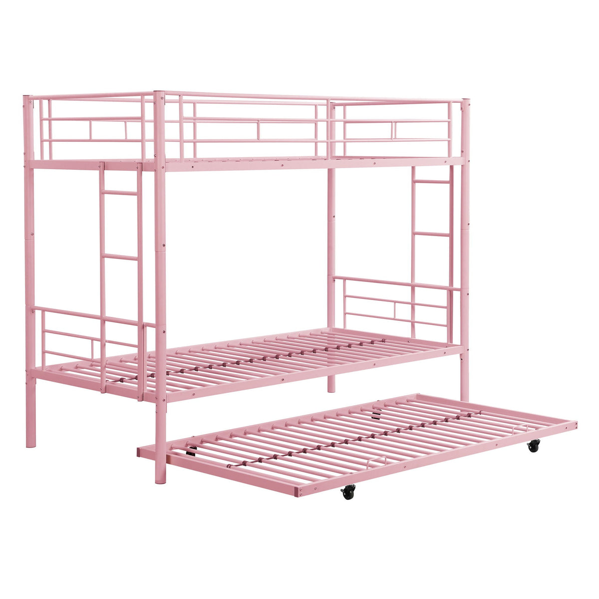 Twin Over Twin Bunk Bed with Trundle - Sturdy Metal Frame - Pearl Silver, White, or Pink, photo 31 of 39