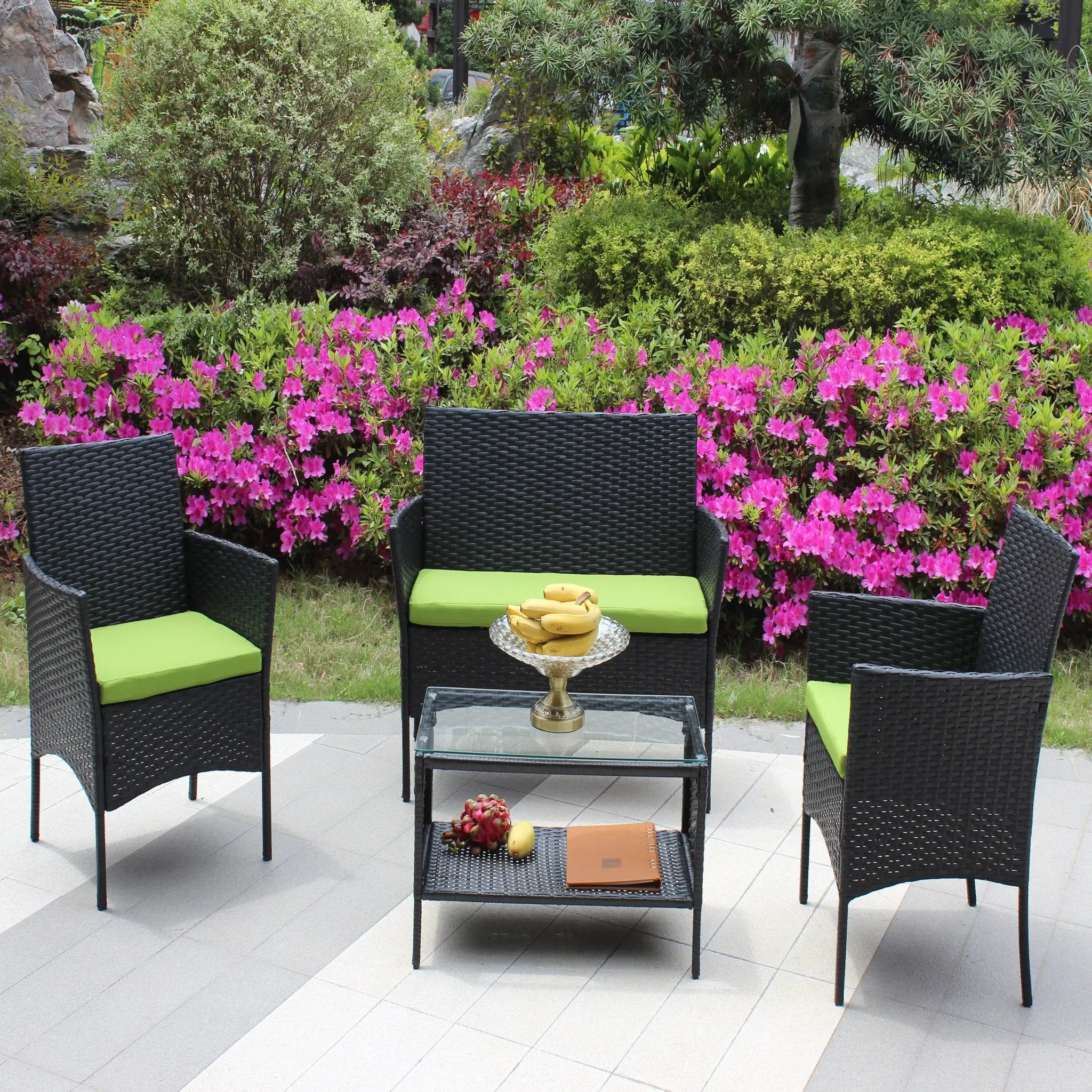 4 PC Rattan Patio Furniture Set Outdoor Cushioned Wicker Sofa Green Cushion by HouseOfZazla