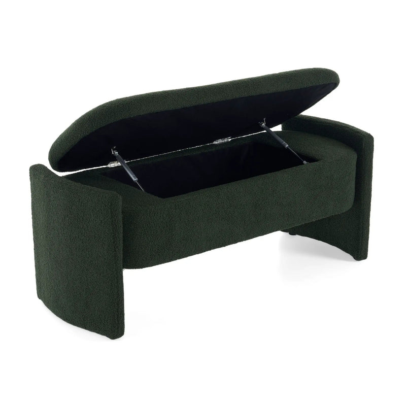 Elegant Long Shaped Storage Ottoman Bench, Boucle Material, Dark Green by HouseOfZazla