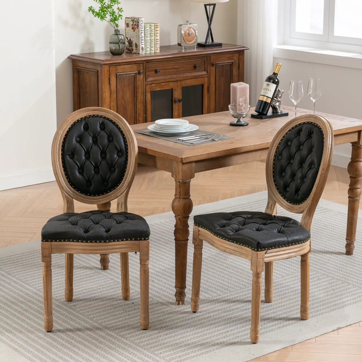 French Style Solid Wood Frame Antique Painting, Hand-Pulled Buckle Decoration Artificial Dining Chair With Nailhead Trim, Wood Legs by Unique Piece Furniture