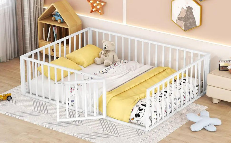 Metal Floor Bed Frame With Fence And Door by HouseOfZazla
