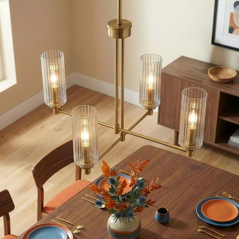 Enigma - 4 Lights Chandelier With Clear Ribbed Satin - Antique Brass / Clear / Gold by Unique Piece Furniture