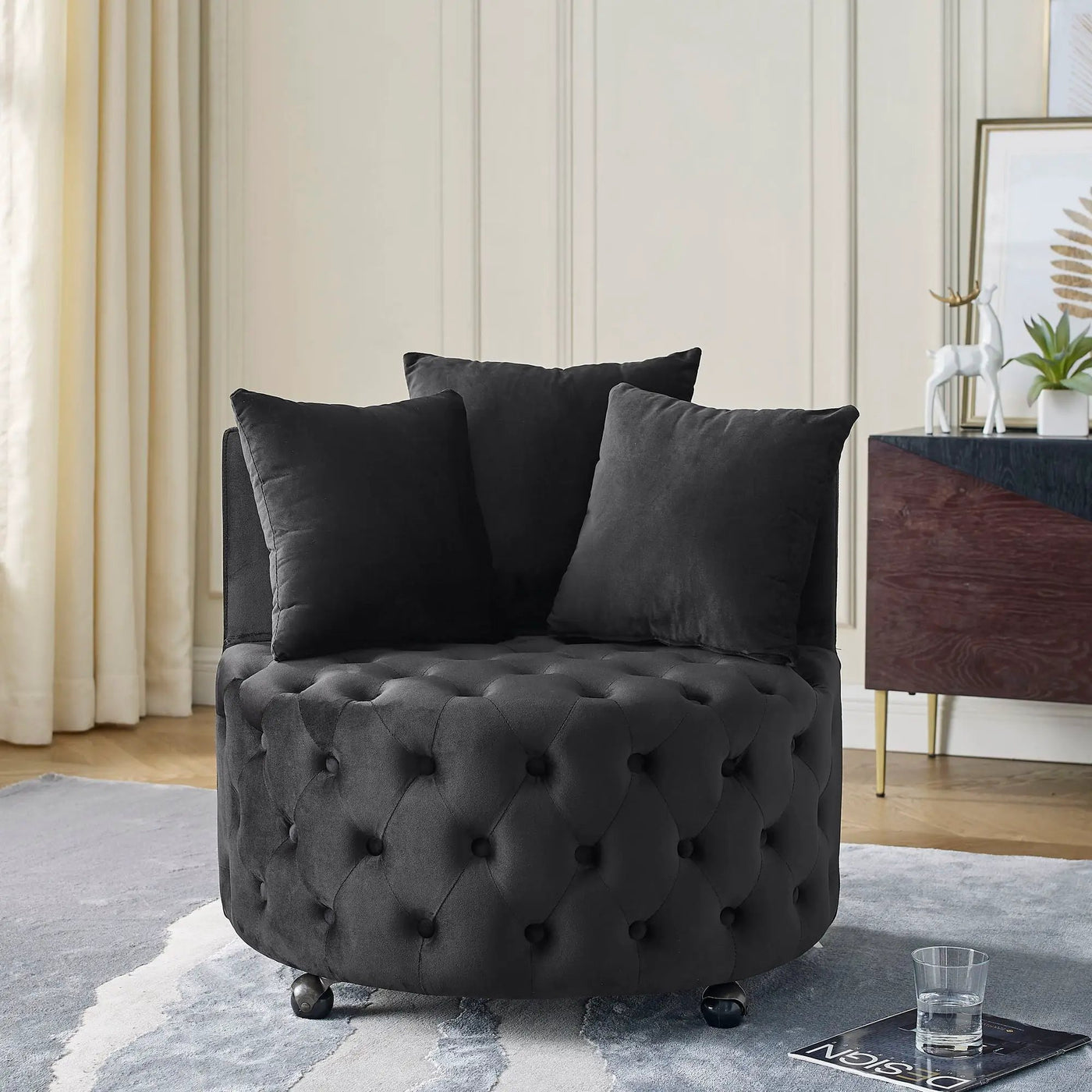 Modern Upholstered Swivel Chair With Button Tufted Design And Movable Wheels by HouseOfZazla
