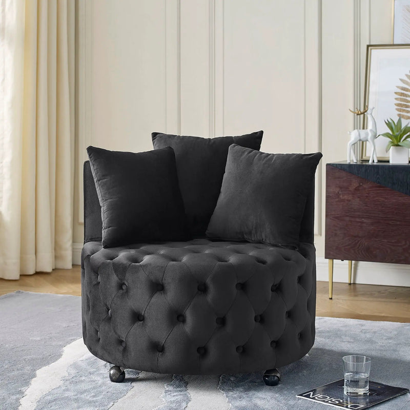 Modern Upholstered Swivel Chair With Button Tufted Design And Movable Wheels by HouseOfZazla