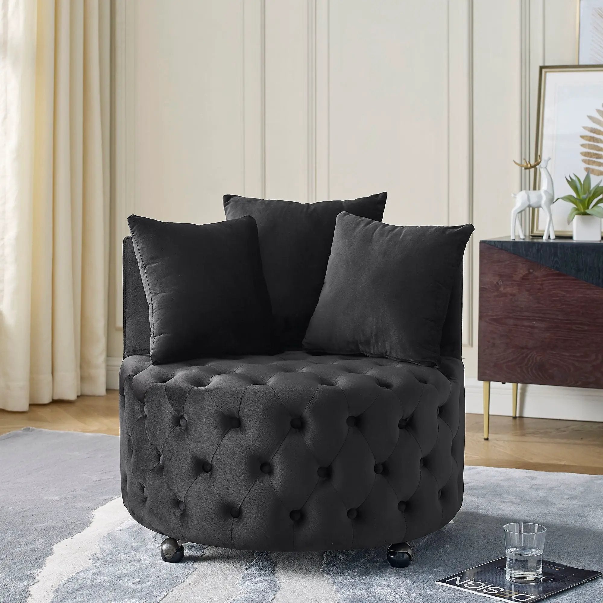 Modern Upholstered Swivel Chair With Button Tufted Design And Movable Wheels by HouseOfZazla