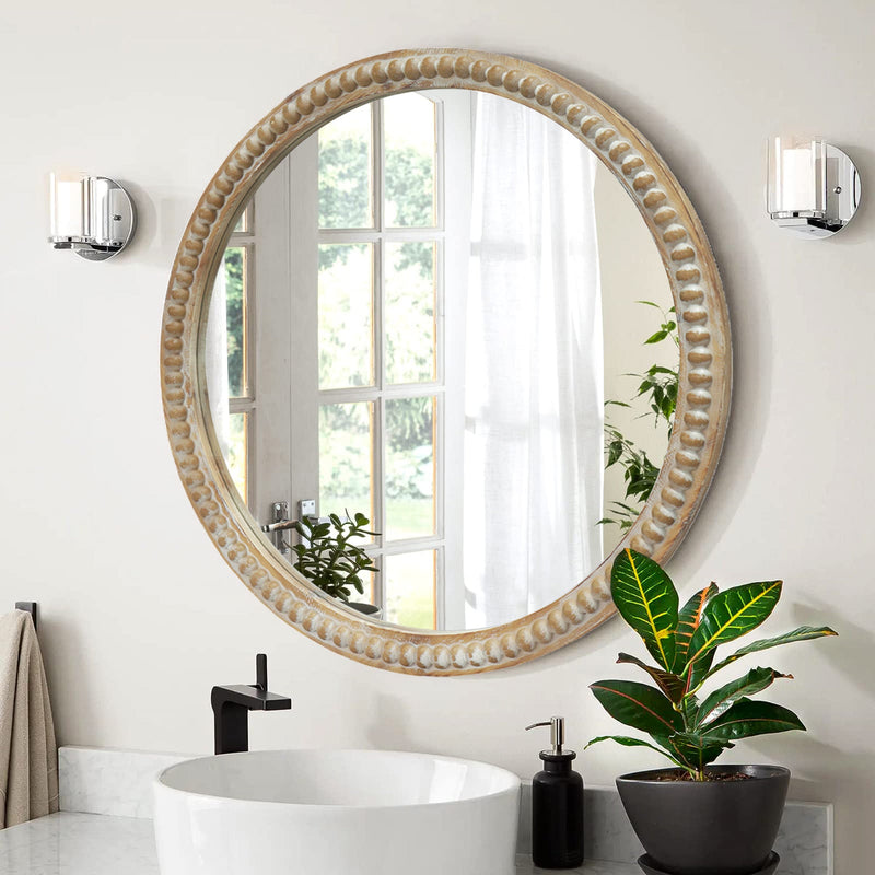 Round Decorative Wall Mirror with Distressed Wood Beaded Frame - 35.43", photo 5 of 9