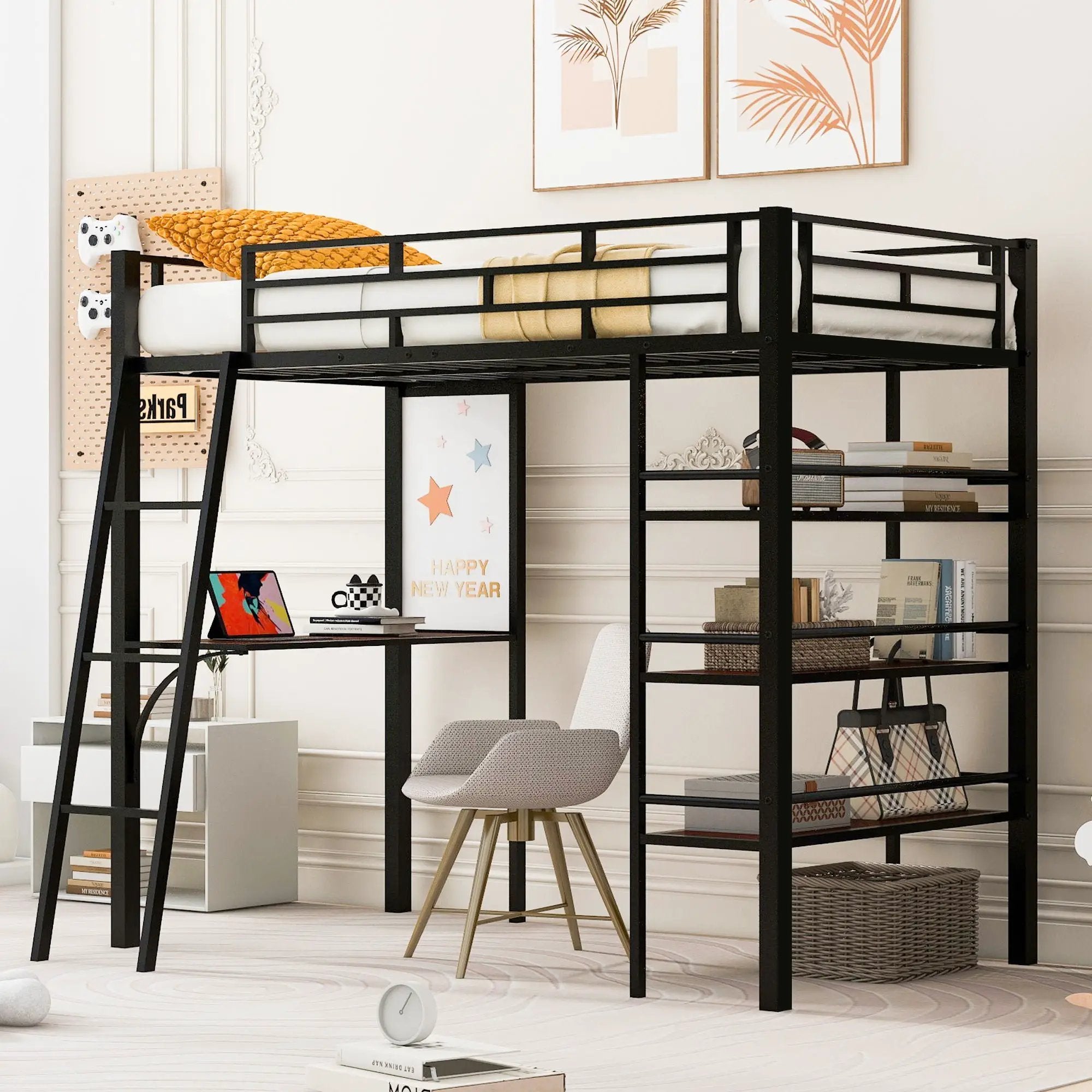 Loft Metal Bed With 3 Layers Of Shelves And Desk, Stylish Metal Frame Bed With board by Unique Piece Furniture