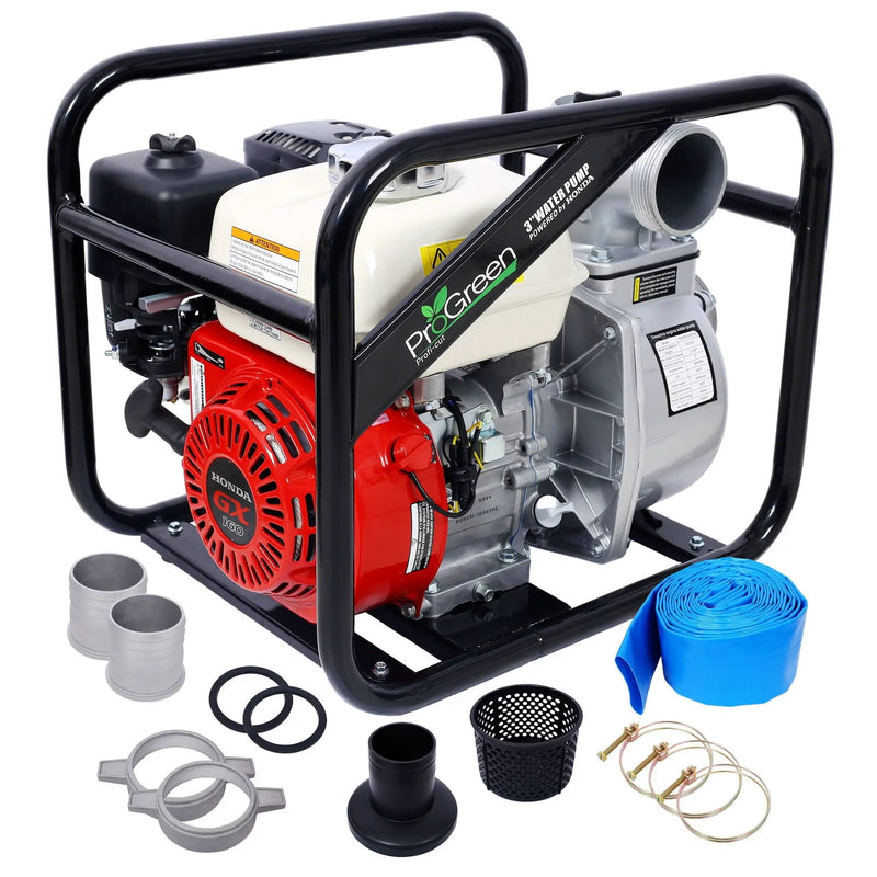Honda - Gx160 Engine Water Pump 3" 264Gpm With 3In Npt Coupler And 25Ft Flat Hose, Aluminum - Black / Red by HouseOfZazla