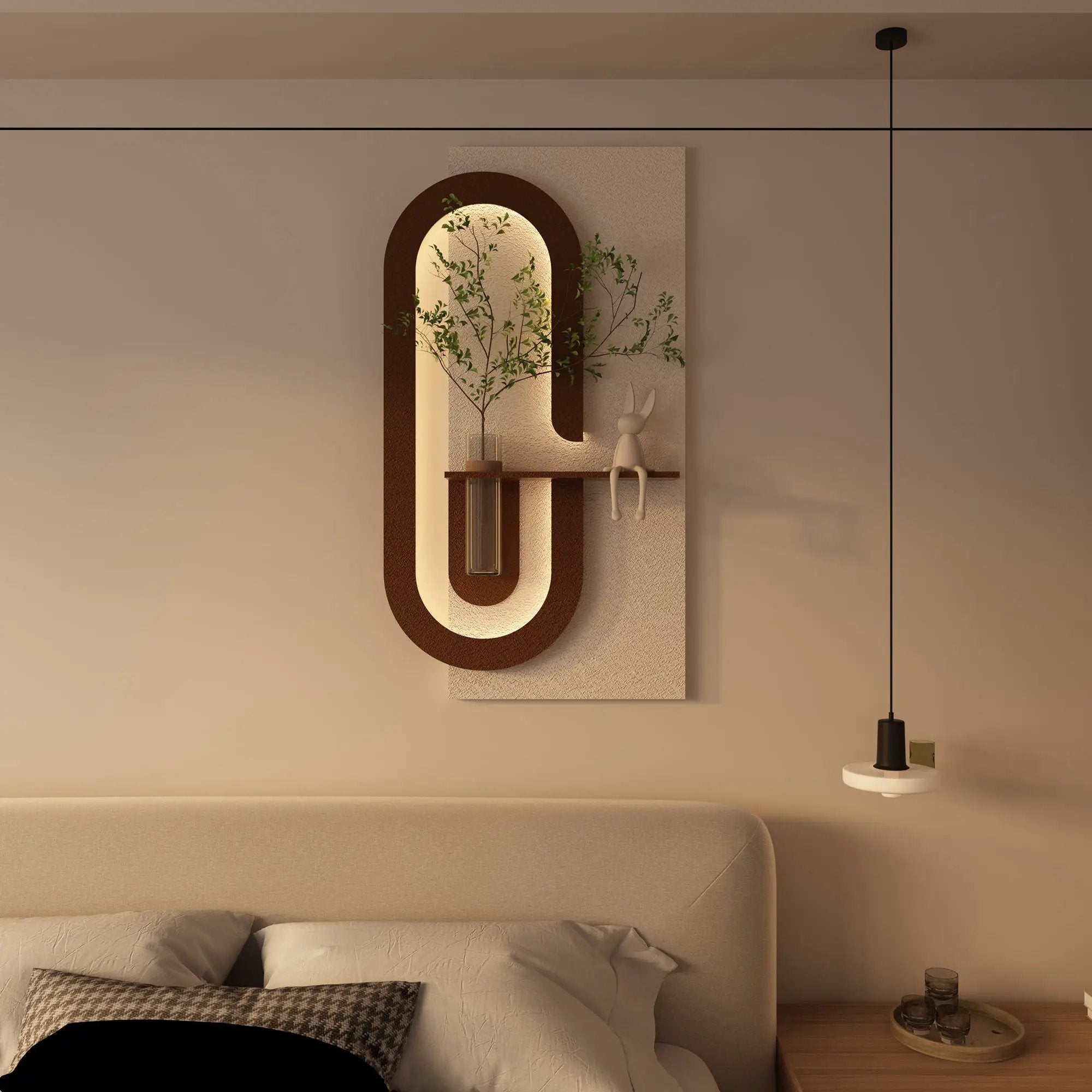 Adjustable LED Sandstone Wall Decor With Simulated Plants 3D Art Sculpture, Glass Vase & Rabbit Statue, Remote Control - Light Coffee by Unique Piece Furniture