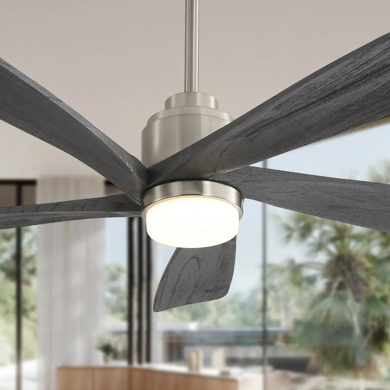 Modern Ceiling Fan With Dimmable LED Light 5 Solid Wood Blades Remote Control Reversible Dc Motor With Smart App Control - Nickel by HouseOfZazla