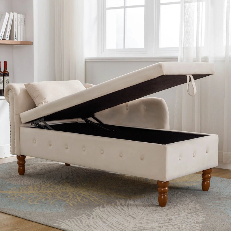 Chaise Lounge Indoor, Lounge Chair For Bedroom With Storage & Pillow, Modern Upholstered Rolled Arm Chase Lounge For Sleeping With Nailhead Trim For Living Room Bedroom Office by HouseOfZazla